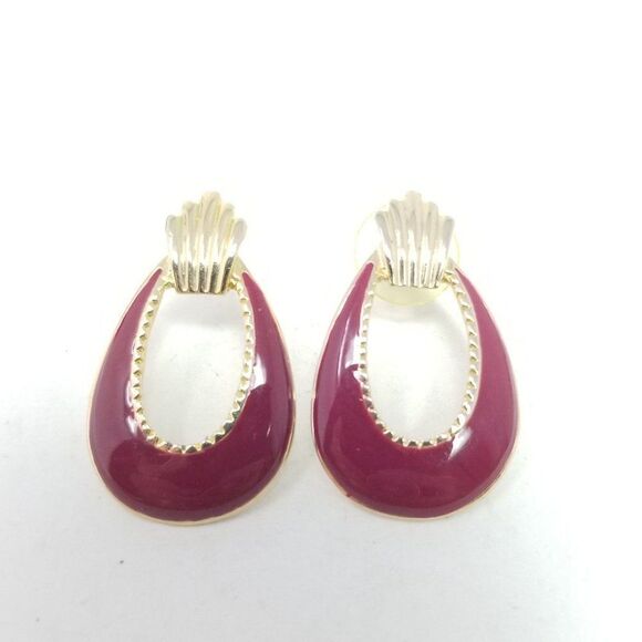 Vintage Red Enamel Door Knocker Style Stud Earrings, Gold Tone Setting, Retro - Picture 2 of 6